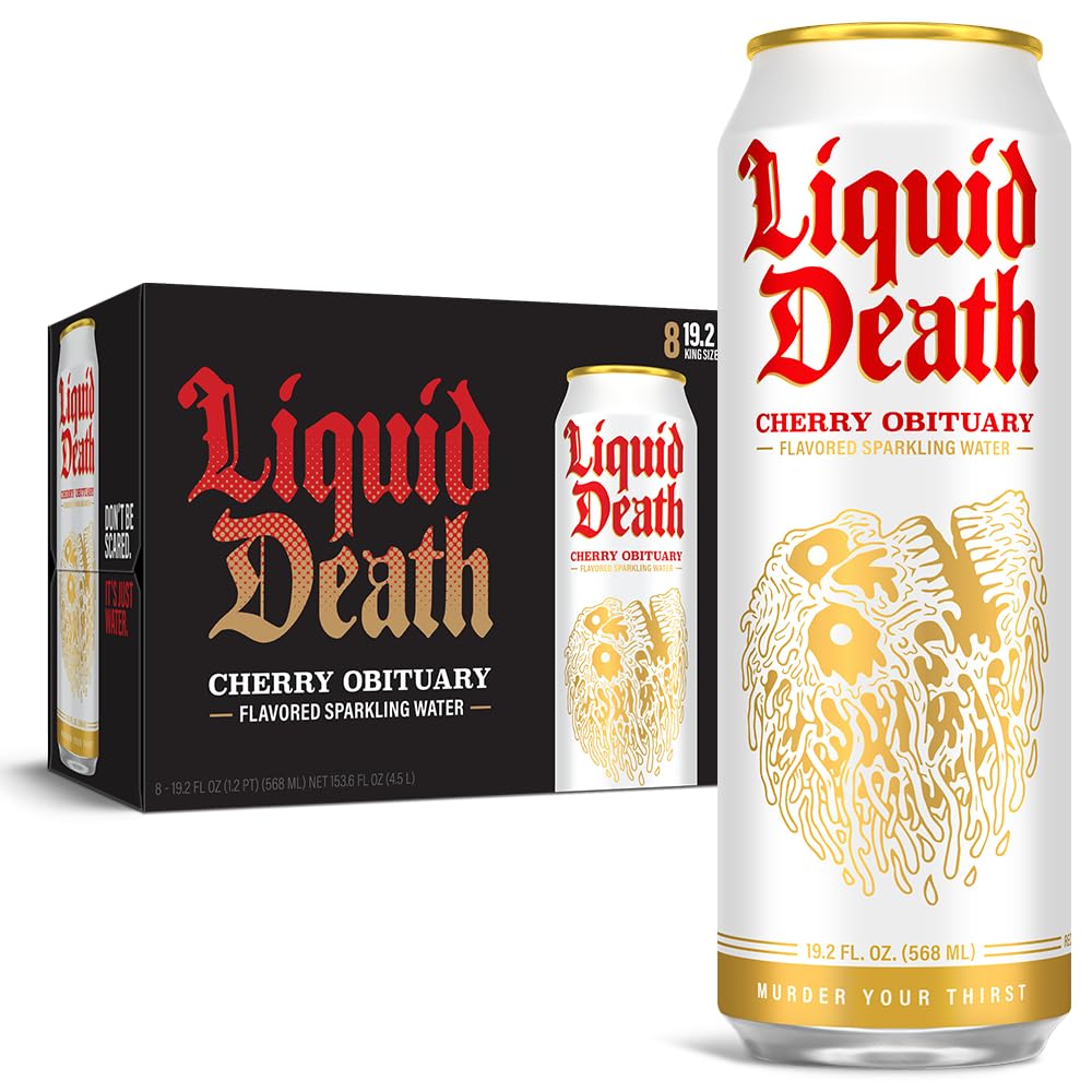 Liquid Death, Cherry Obituary Sparkling Water, 8-Pack (King Size 19.2Oz Cans), Cherry Flavored Sparkling Beverage Sweetened With