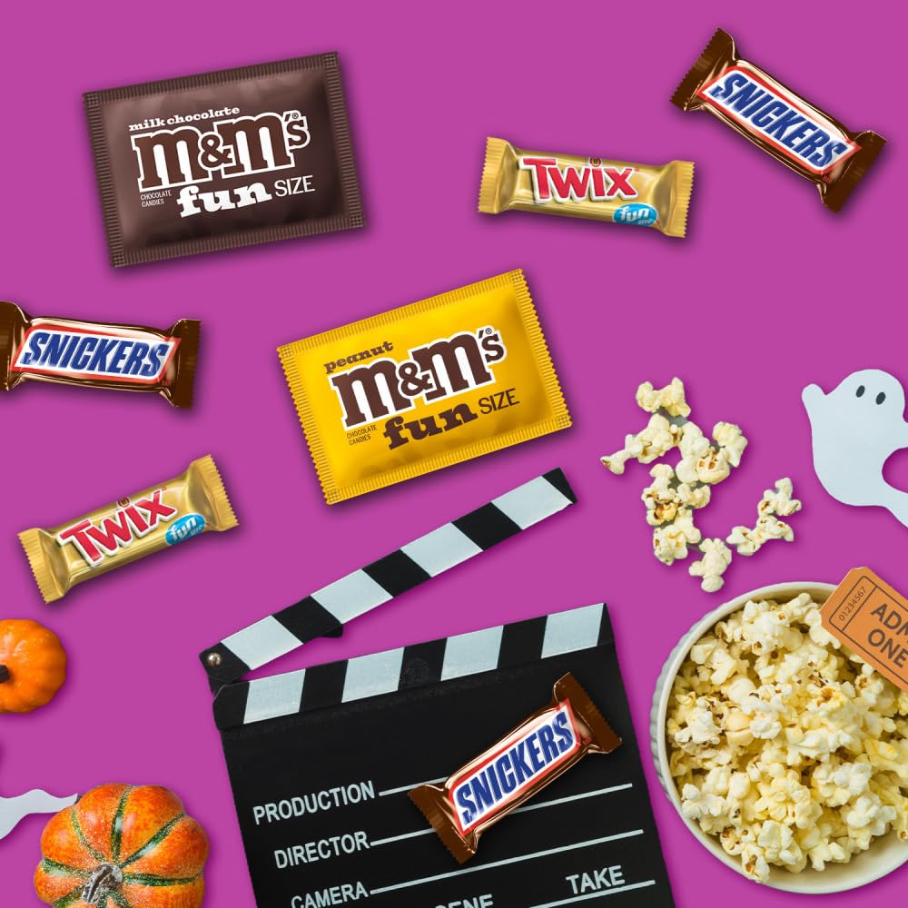 M&MS Fun Size Milk Chocolate  M&MS Fun Size Peanut  SNICKERS Fun Size & TWIX Fun Size Caramel Cookie Milk Chocolate Individually Wrapped Trick or Treat Halloween Candy  25 Ct  14.02 Oz Bulk Bag