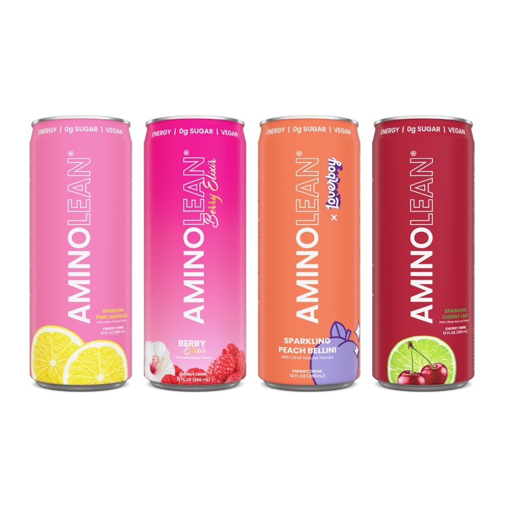 AminoLean Energy Drink - Sugar Free Amino Energy with Natural Caffeine & Vegan Amino Acids for No Jitters  Tingles  or Crash  Summer Variety  12 Pack