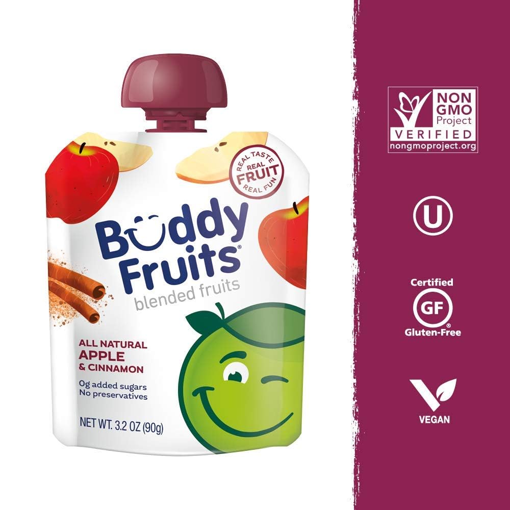 Buddy Fruits Snacks To Go Cinnamon Unsweetened Applesauce 3.2oz Pouch (18pk) Gluten-Nut-Dairy-Preservatives-BPA Free, Non GMO, K