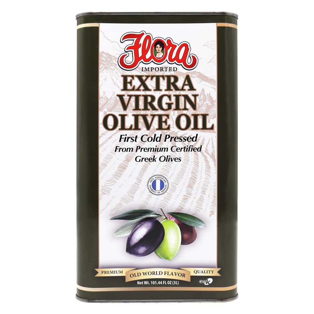 Flora Fine Foods 100% Greek Extra Virgin Olive Oil - 3 Liter Tin - Premium Quality, Extracted from Koroneiki Olives, Imported from Greece