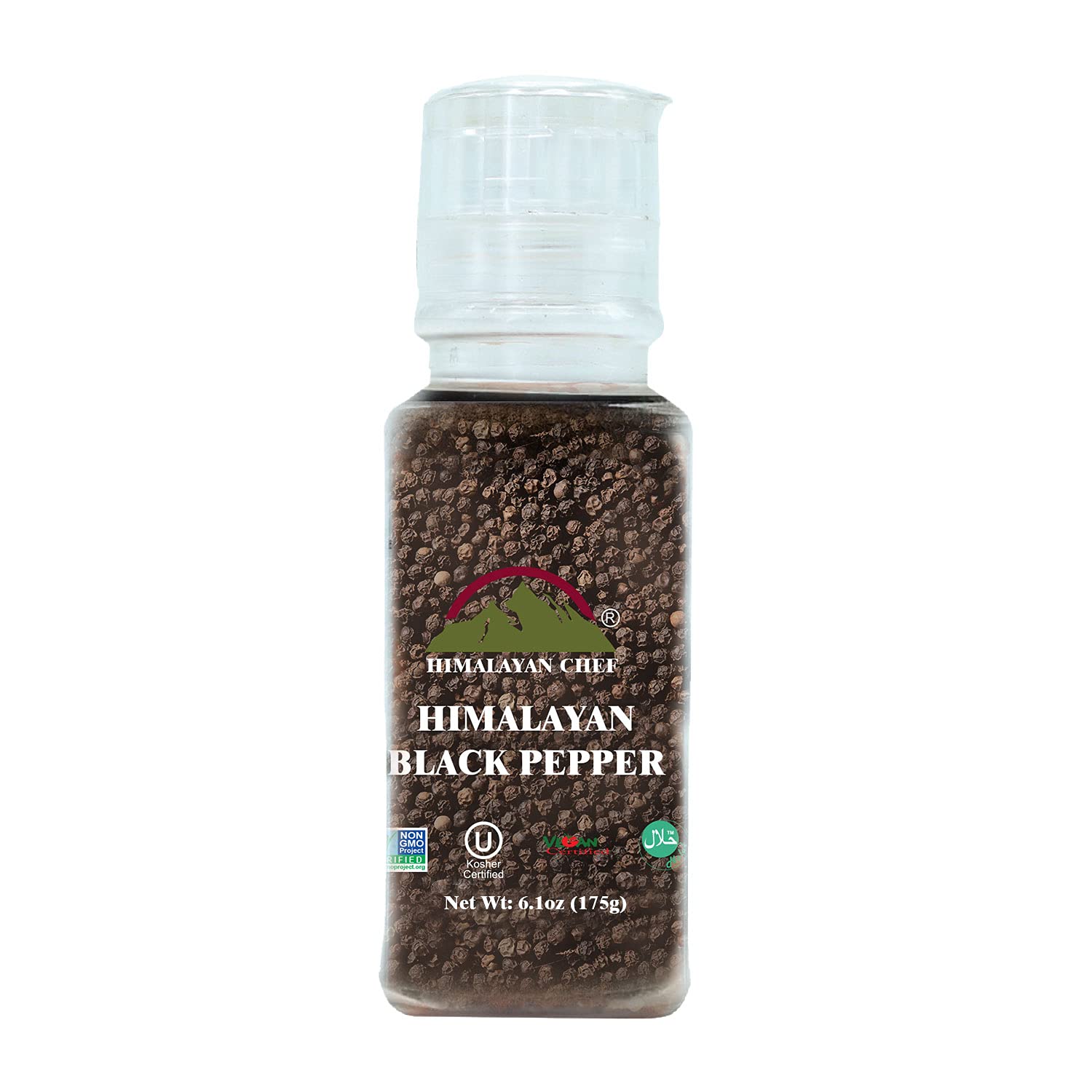 Himalayan Chef Whole Black Peppercorns, Square Plastic Grinder-6.17oz
