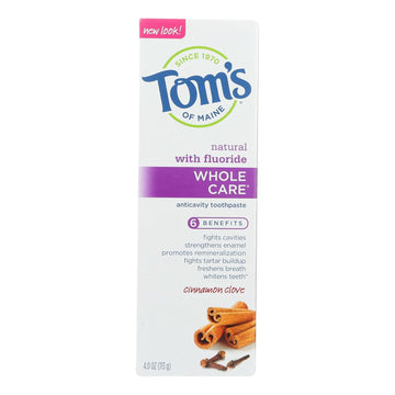 Toms Of Maine Natural Whole Care Cinnamon Clove Anticavity Toothpaste with Fluoride, 4 Ounce - 6 per case.