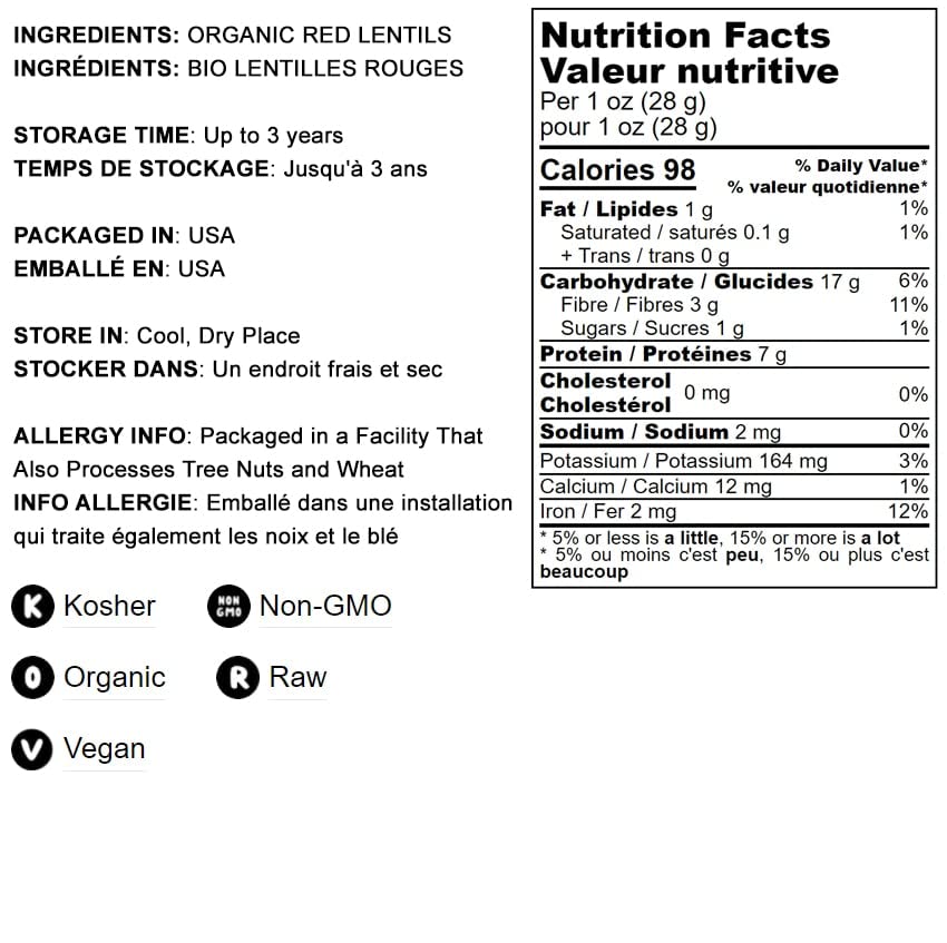 Food To Live Organic Red Split Lentils, 8 Ounces — Non-Gmo, Masoor Dal, Dried, Vegan, Kosher, Bulk. No Soaking Required. Source Of Dietary Fiber, Vitamin B, Protein. For Soups, Dahl, Spicy Curries.