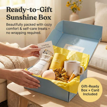 Unboxme Sunshine Gift For Women | Self Care Package With Organic Herbal Tea, Fluffy Cloud Socks, Ceramic Mug, Citrus Bath   , Beeswax Lip Balm, A Fun Floral Scrunchie + A Sending Hugs Card