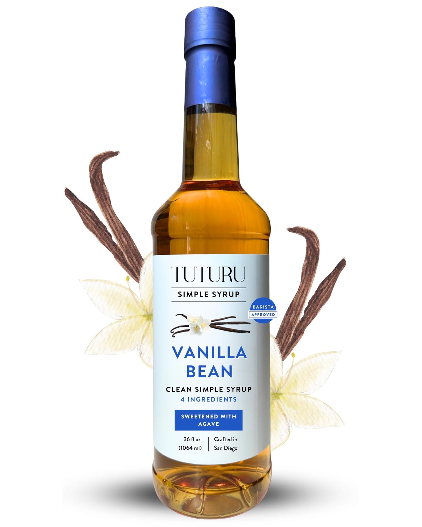 Vanilla Bean Agave Simple Syrup for Coffee & Cocktails - Sweetened with Organic Agave Nectar - Infused with Real Vanilla Bean - 36 oz