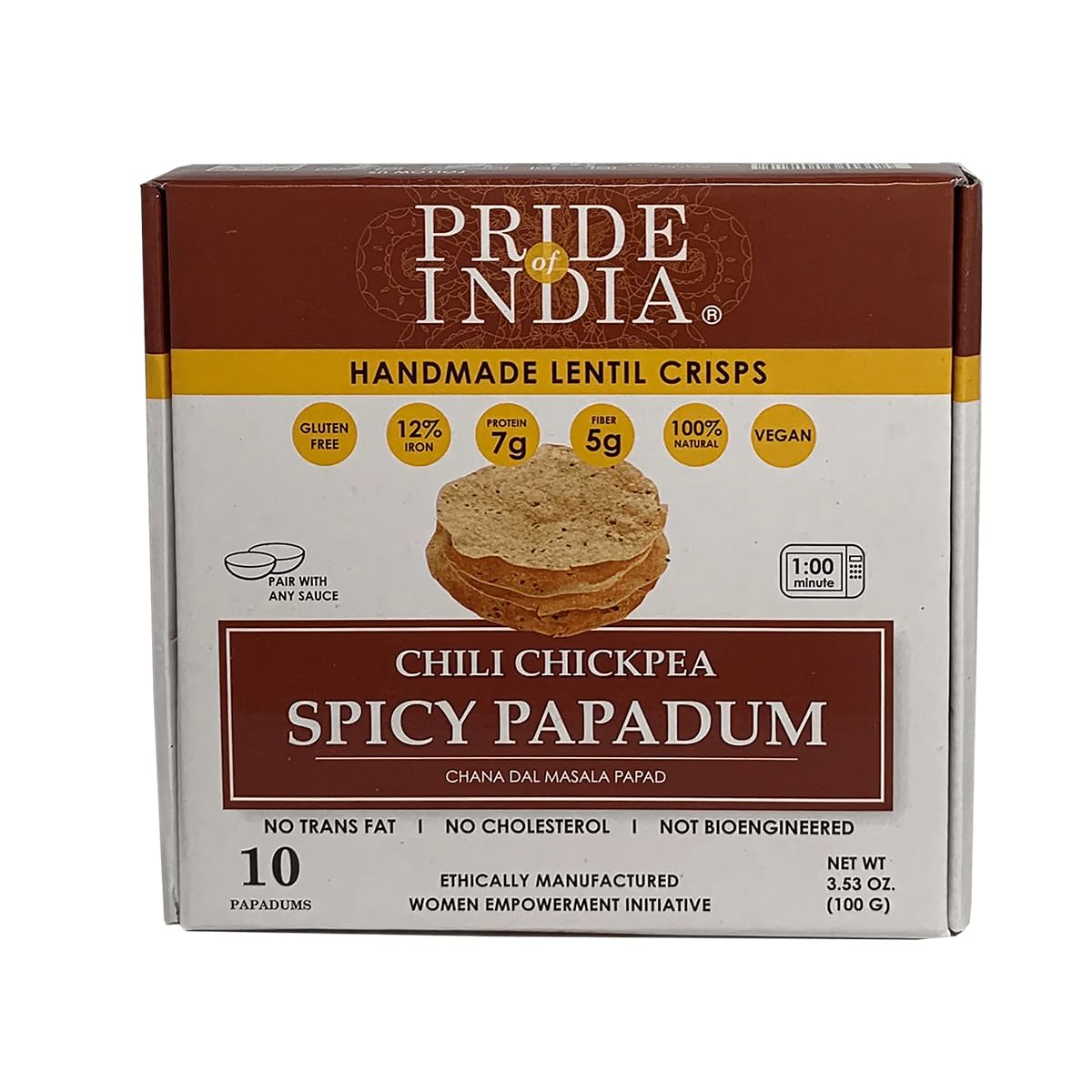 Pride Of India - Spicy Chickpea Masala Papadum Lentil Crisp, 10 count (3.53oz - 100gm) - Microwaveable Instant Chips, Gluten-Fre