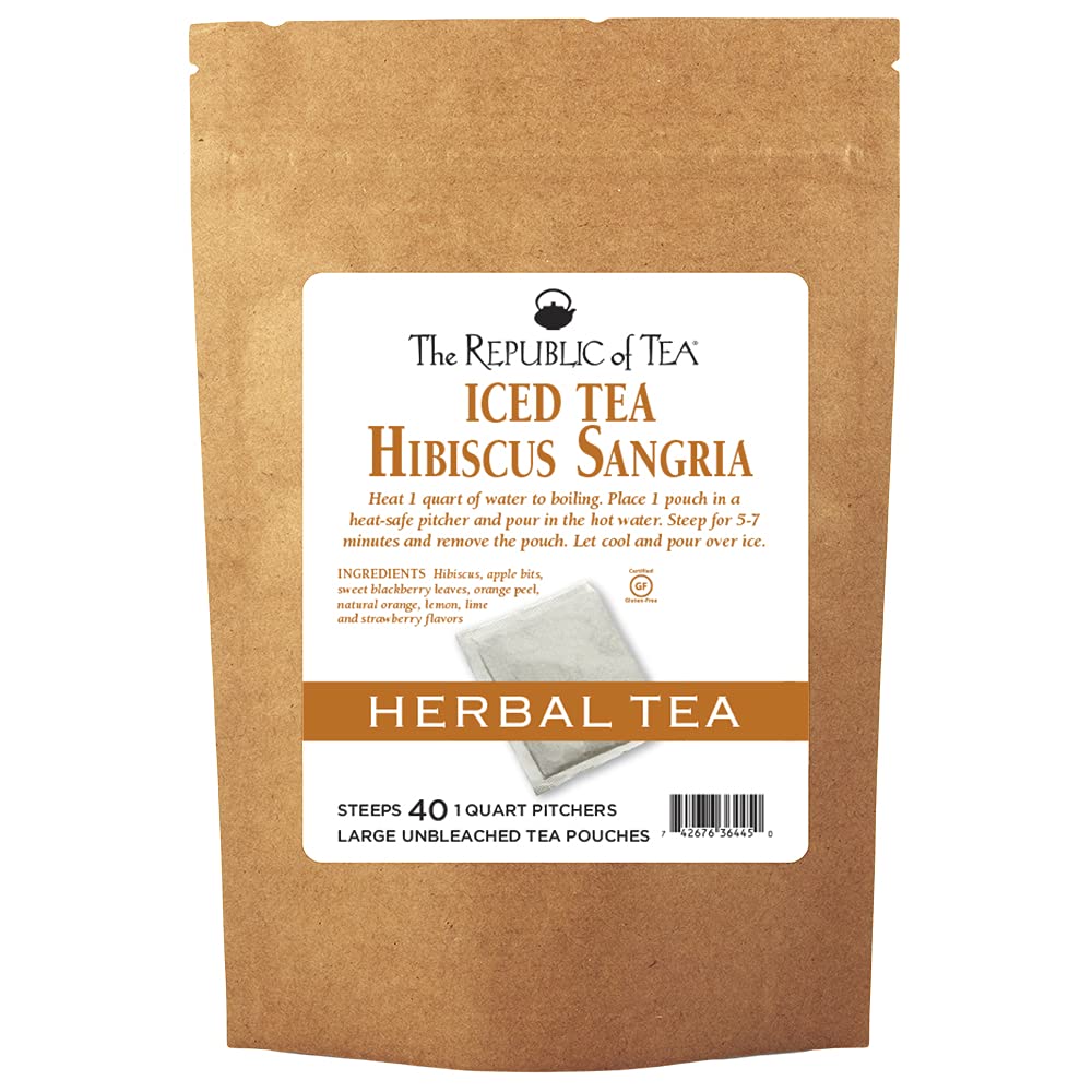 The Republic of Tea Hibiscus Sangria Iced Tea, Caffeine-Free Herbal Blend, 40 Large Pouches, 40 Quarts, Pack of 1