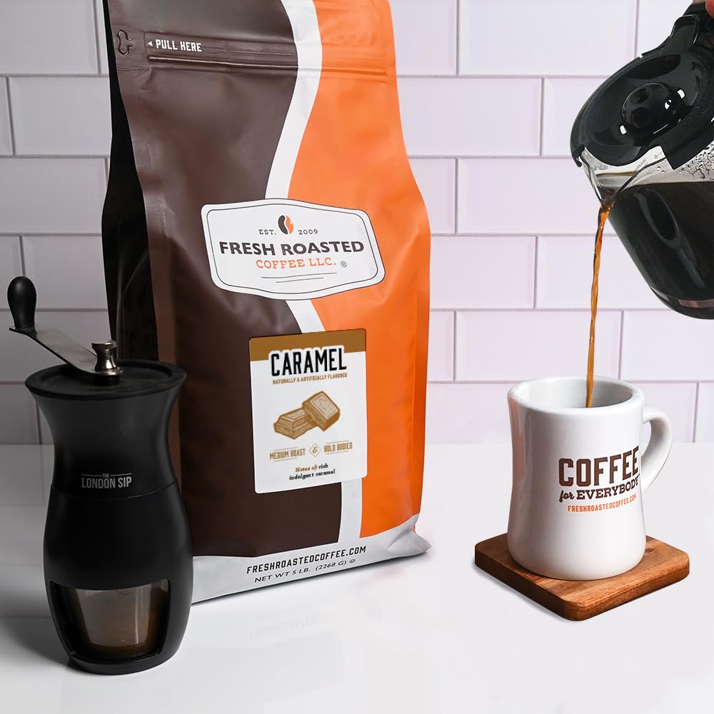 Fresh Roasted Coffee, Caramel Flavored Coffee, 5 Lb (80 Oz), Medium Roast, Kosher, Ground