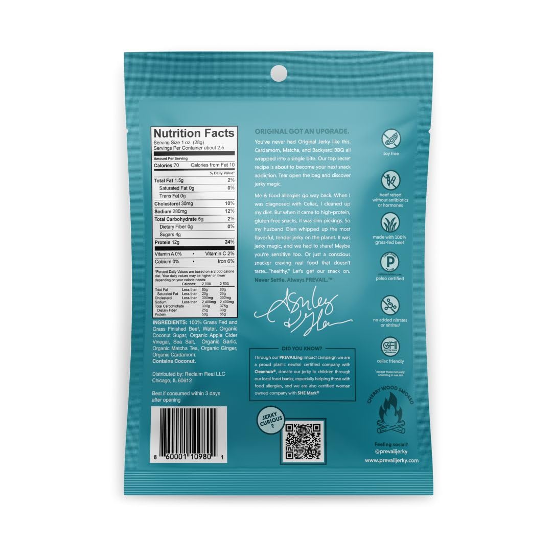 PREVAIL Grass Fed Beef Jerky Variety Pack - Low Sodium, Gluten Free, 4 Bags, 2.25 Ounce Each - Umami, Spicy, Lemongrass, Original
