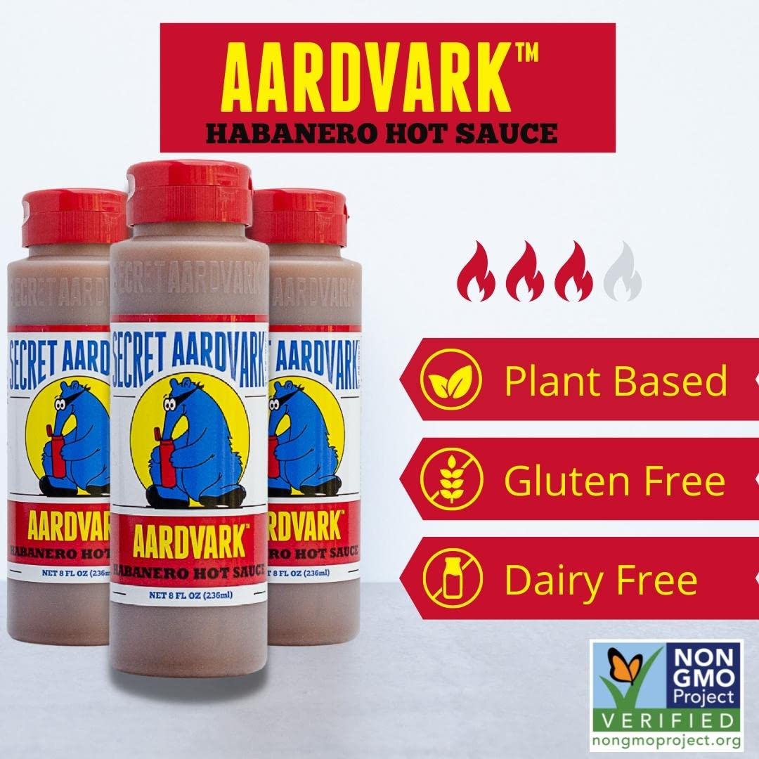 Secret Aardvark Habanero Hot Sauce - Habanero Peppers & Roasted Tomatoes, Medium Spiced Hot Sauce, Bbq Sauce, Non-Gmo, Low Sugar, Low Carb, Hot Sauce & Marinade - 8 Fl Oz 6 Pack