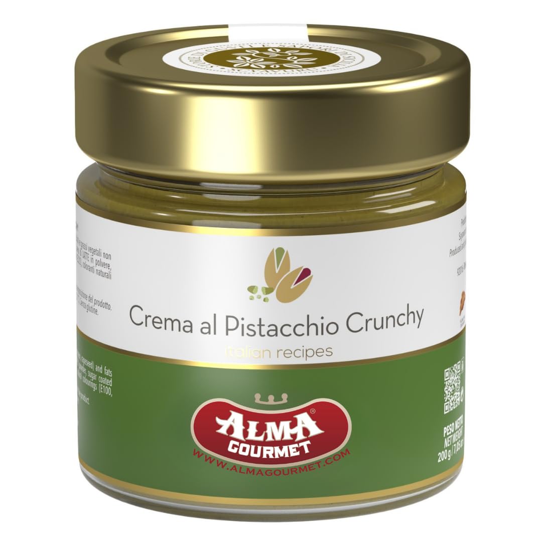 Alma Gourmet Crunchy Pistachio Cream Spread Imported From Sicily - Velvety Smooth with Crunchy Bits - Italian Pistachio Spread f