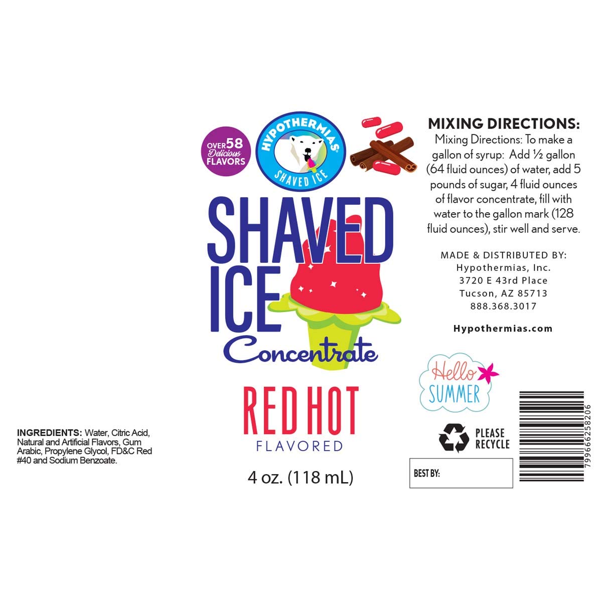 Hypothermias Shaved Ice And Snow Cone Syrup Unsweetened Flavor Concentrate - 4 Fl Oz - Makes 1 Gallon Of Ready To Use Syrup - Re