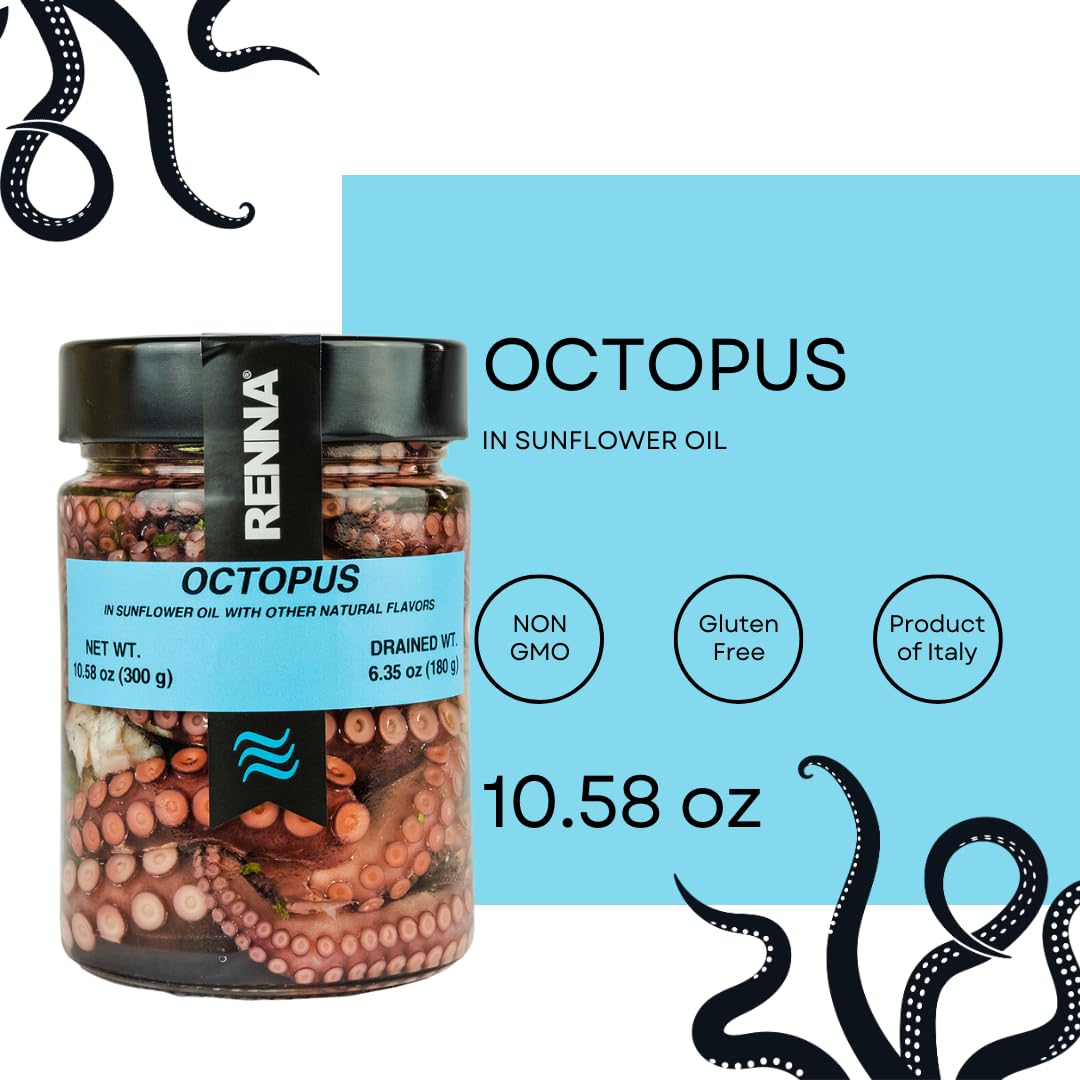 Renna Fresh Whole Wild Octopus Tentacles in Oil, Tender Mediterranean Seafood Salad, 10.58 oz, Ready-to-Eat Appetizer