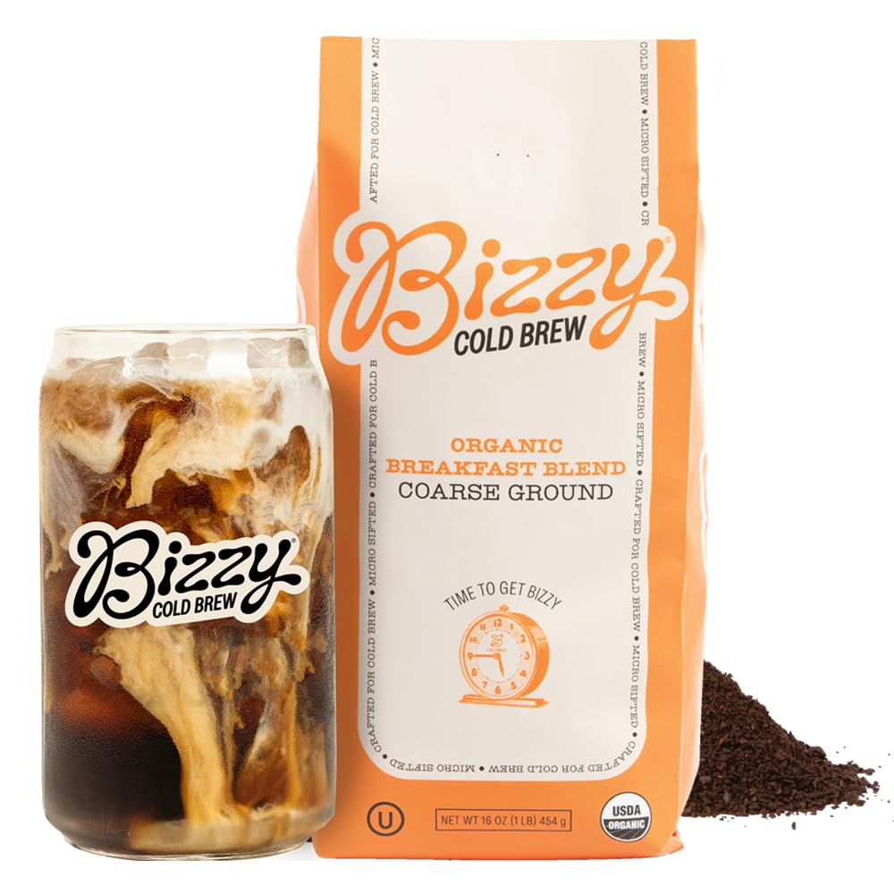 Bizzy Organic Cold Brew Coffee, Breakfast Blend, Coarse Ground, Medium-Light Roast, 16 Ounce, Specialty Grade, 100% Arabica