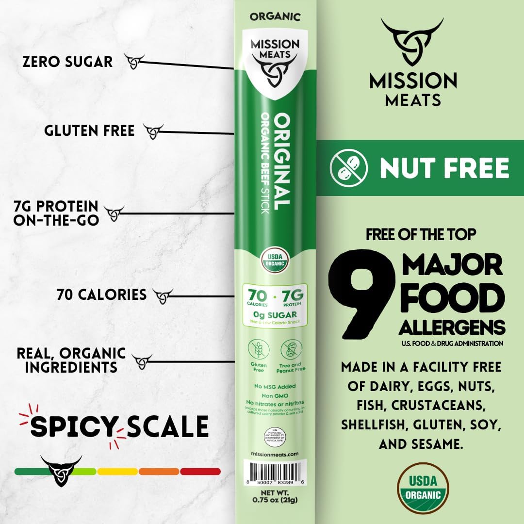 Mission Meats 100% Certified Organic Beef Sticks - Pasture-Raised  Zero Sugar  Non-GMO  Healthy Individually Wrapped Meat Sticks Snack  0.75oz (24 Count)