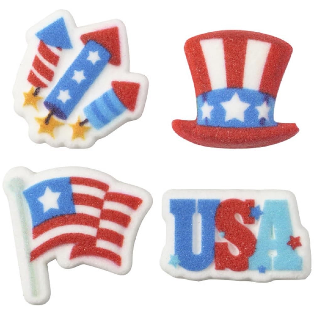 NCS USA Edible Sugar Cake Toppers - 12 Count, Red, White, Blue Fireworks, Flag, Hat