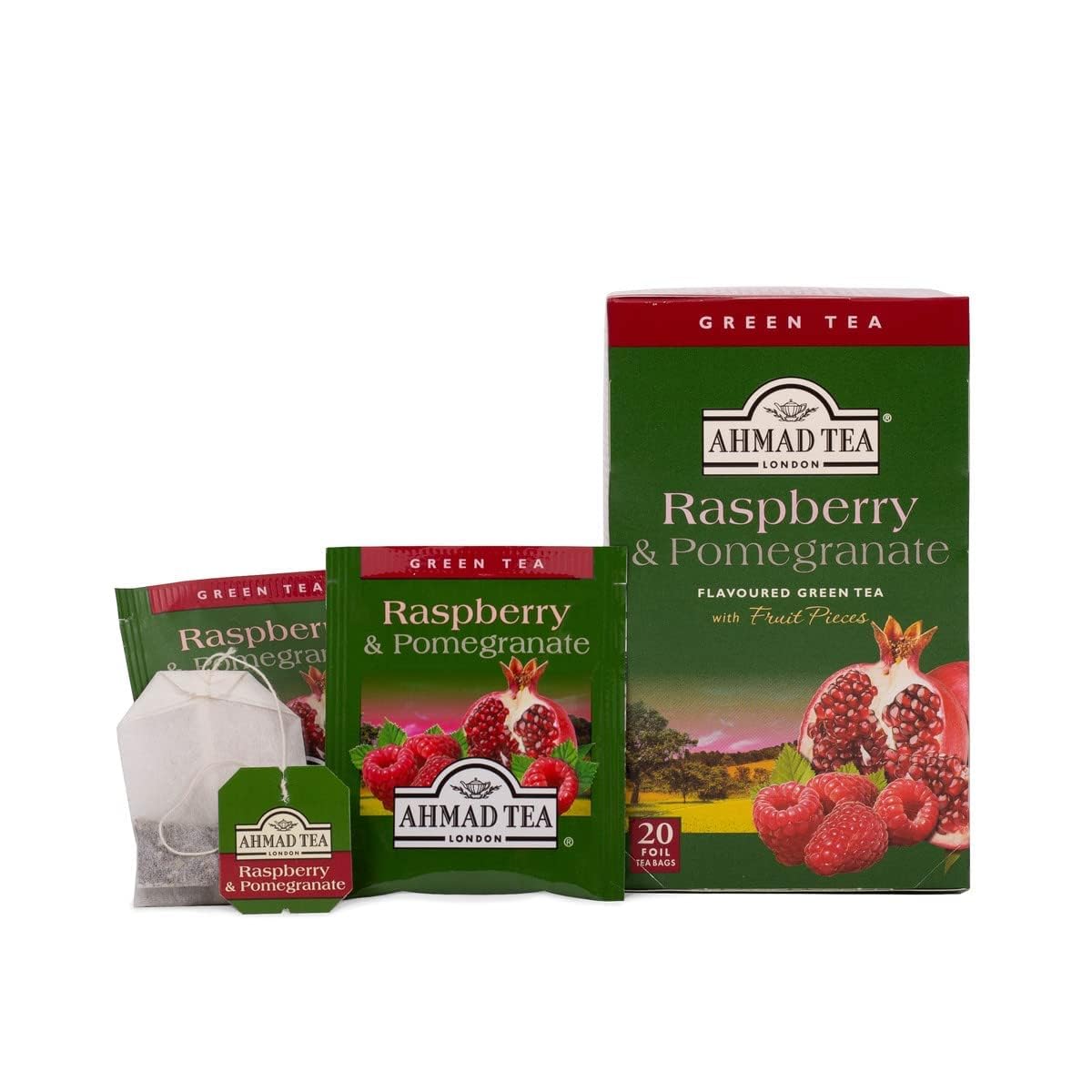 Ahmad Tea Raspberry & Pomegranate Green Tea with Fruit Pieces, 20 Count, Model 1242
