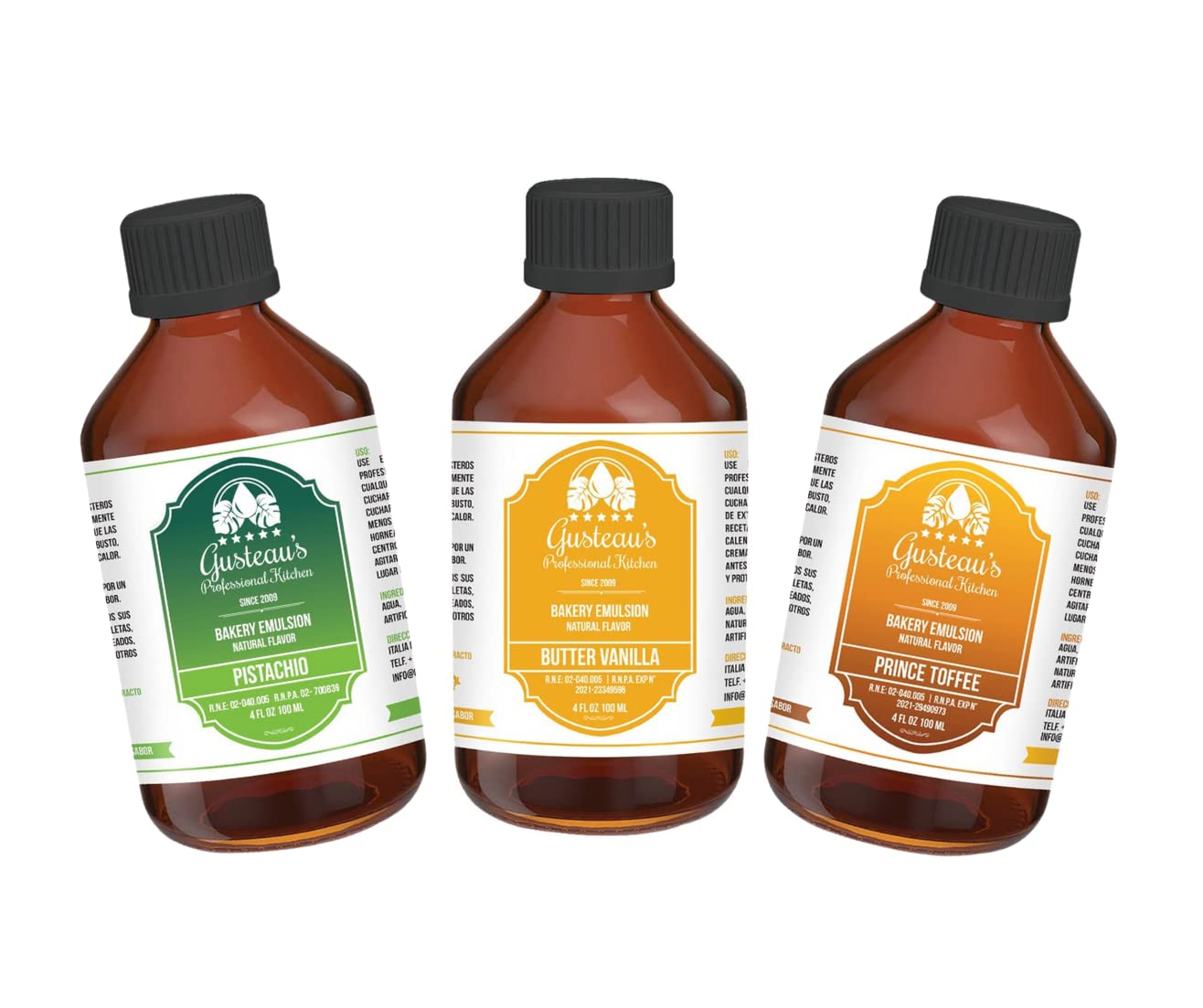 GUSTEAU’S Bakery Emulsion Combo Pack - Pistachio, Butter Vanilla, Prince Toffee, 3 Pack (4 oz each), Alcohol Free, Sugar Free, Kosher