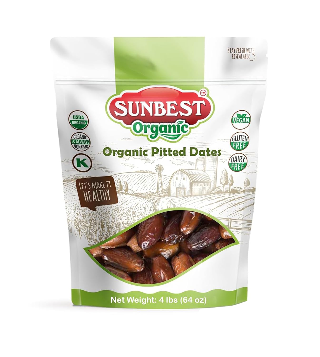 Sunbest Natural Organic Sun-Dried Deglet Noor Dates - 4 lb Bulk Bag (64 oz) - Pitted, Naturally Sweet & Chewy - Non-GMO, Vegan, 