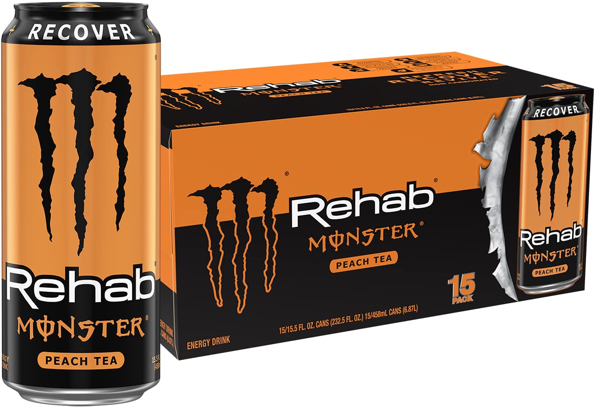 Monster Energy Rehab Peach Tea + Energy Iced Tea, 15 Pack, 15.5 Ounce Cans