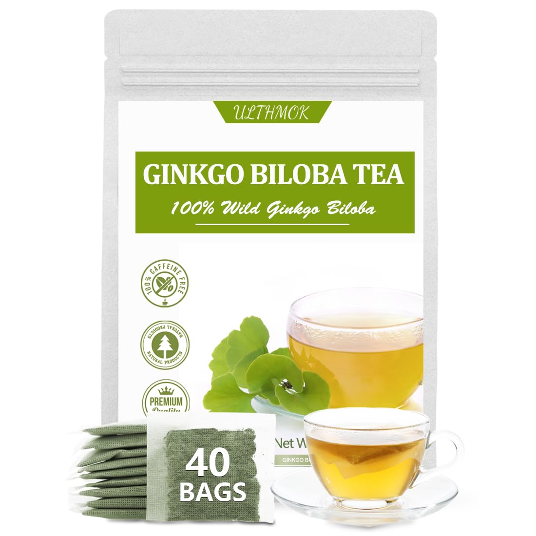 ULTHMOK Ginkgo Biloba Tea Bags - 100% Natural, Caffeine Free, 40 Count