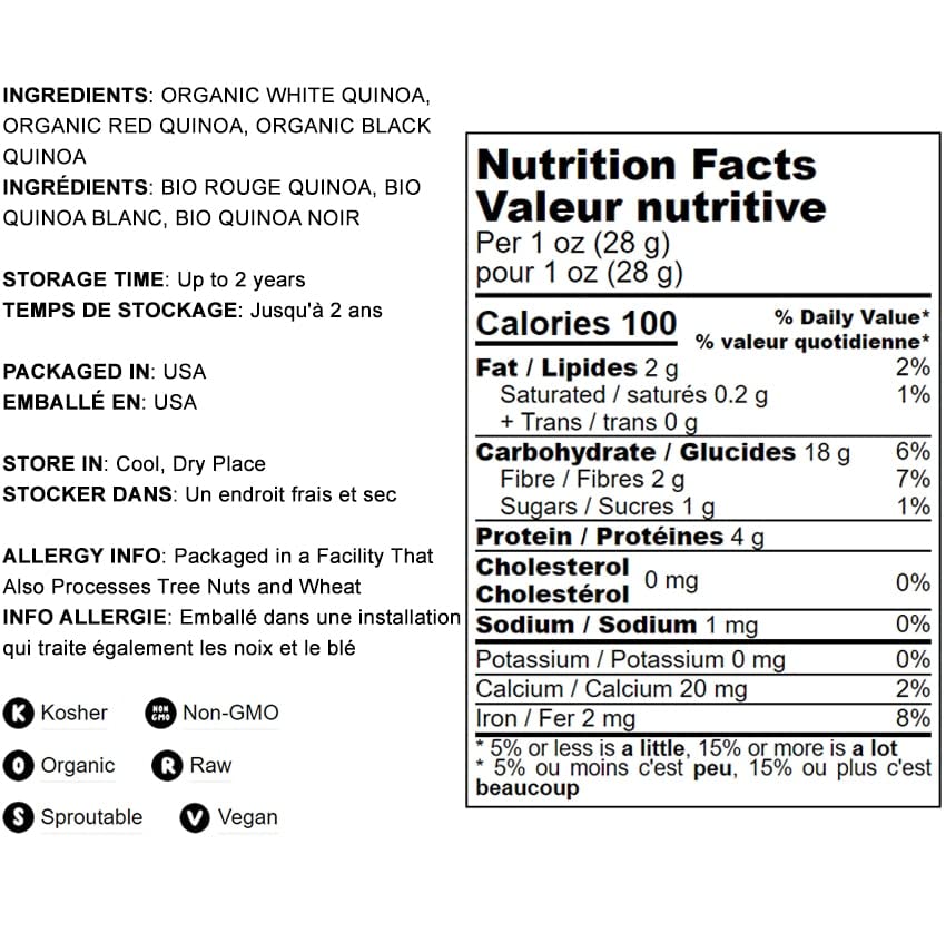 Food To Live Organic Tri-Color Quinoa, 15 Pounds - Non-Gmo, Blend Of White, Black, Red Quinoa, Whole Grain, Non-Irradiated, Kosh