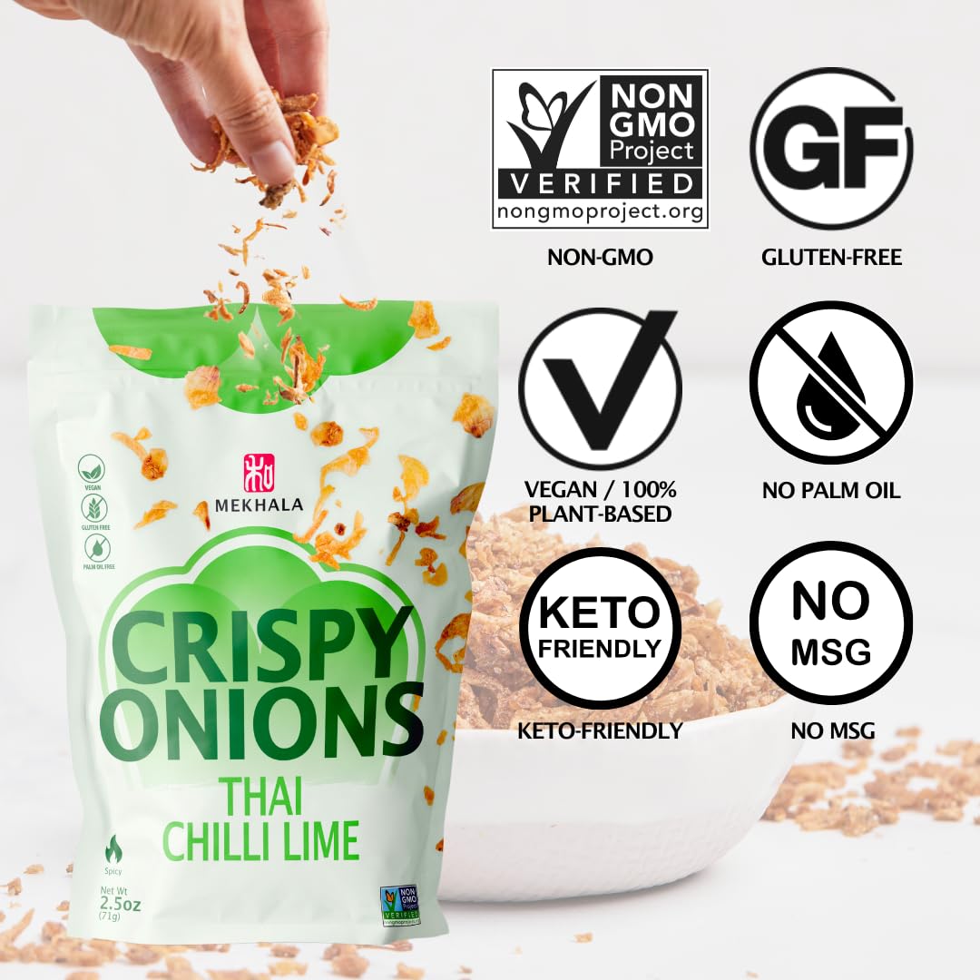 Mekhala Thai Chili Lime Crispy Onions - Salad Toppings Crunchy Fried Onions For All-Purpose Seasoning Like Keto, Ramen Toppings, And Rice Gluten-Free | 2.5Oz
