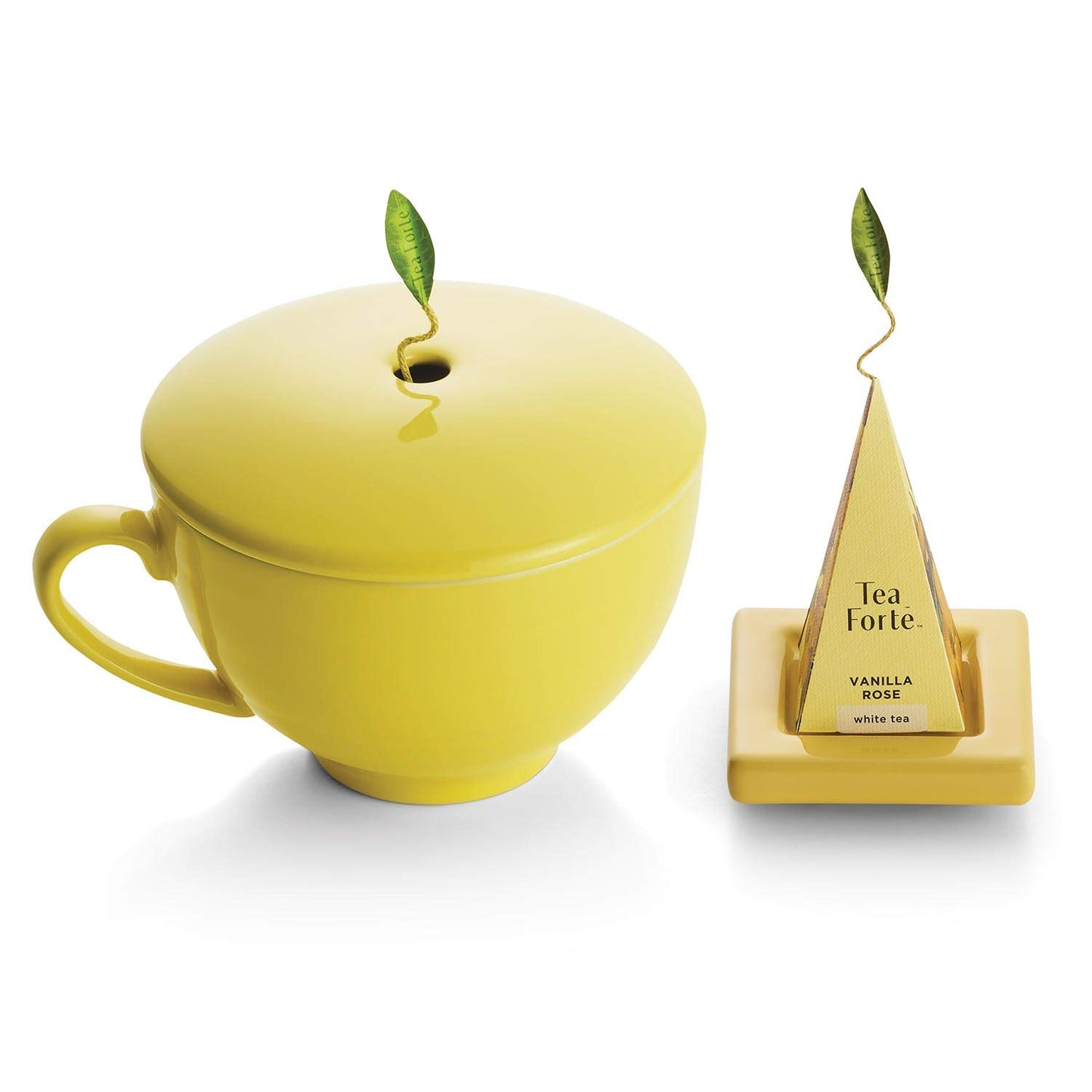 Tea Forte Soleil 3-Piece Enhanced Tea Gift Set With Yellow Cafe Cup With Lid, Tea Tray And 10 Assorted 2 Of Each Variety Organic Handcrafted Pyramid Infuser Tea Bags