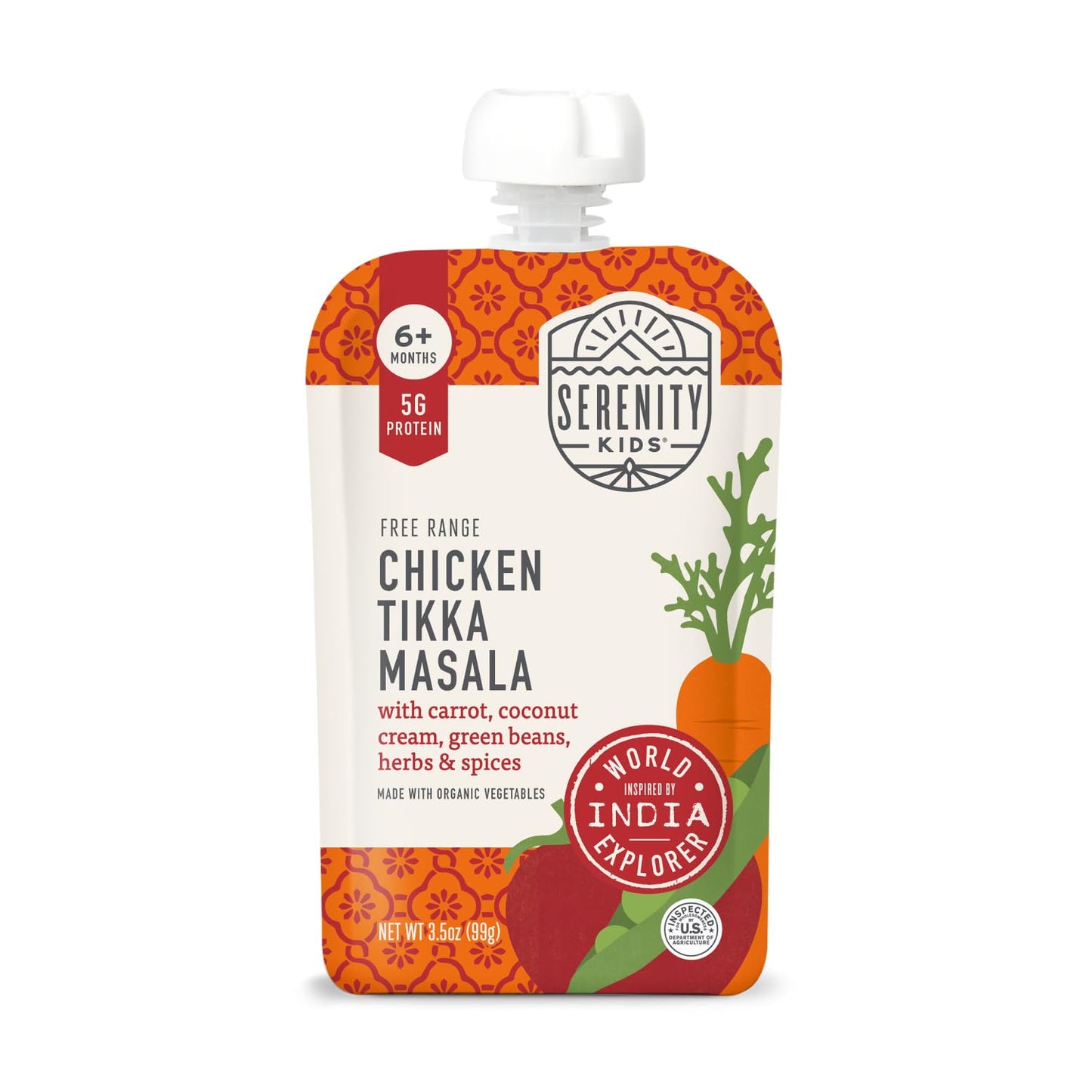 Serenity Kids 6+ Months Chicken Tikka Masala Baby Food Pouch - 3.5 Oz, Pack Of 12-5G Protein Snacks - Nutrient-Packed Chicken Meals - Ready-To-Serve Pureed Baby Food Pouch
