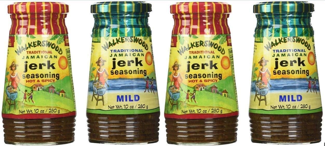 Walkerswood Variety Jerk Seasoning Four Pack - 2 Bottles Each Of Hot & Mild, 10 Ounce (Pack Of 4)