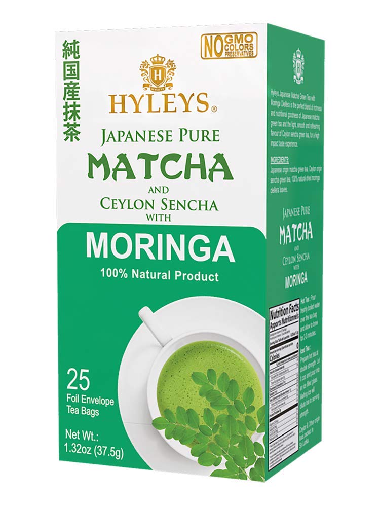Hyleys Matcha Tea Bags With Moringa Oleifera - 25 Tea Bags (Japanese Pure Matcha Wellness Green Tea)