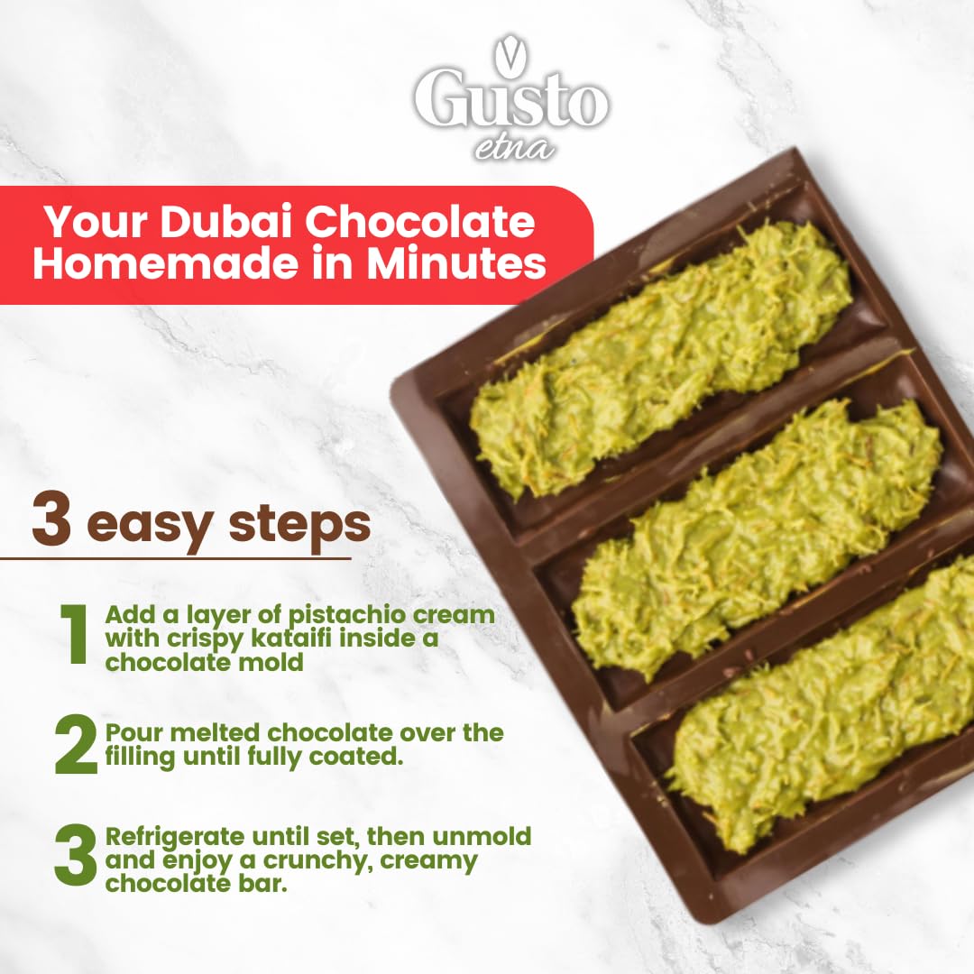 GUSTO ETNA Dubai Pistachio Chocolate Bar Filling- Pistachio Cream with Crispy Kataifi - enhanced Crunchy Spread for Gourmet Dessert Spread  35 oz (1kg)  Product of Italy