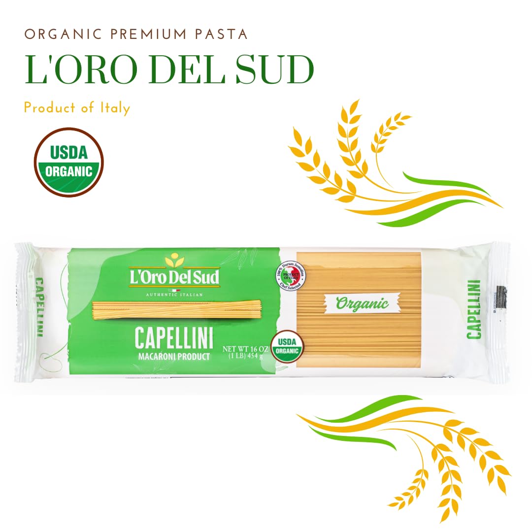 Organic Capellini, 100% Durum Wheat Italian Pasta, Premium Quality Product Of Italy (10 Pack X 16 Oz) Non Gmo, Vegan, Kosher Cer