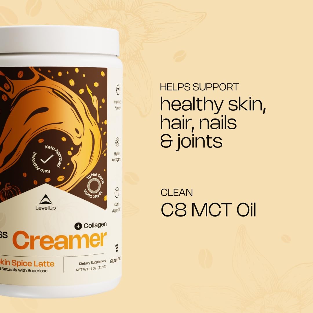 LevelUp Keto Coffee Creamer with MCT Oil & Collagen Peptides, Pumpkin Spice Latte, 30 Servings