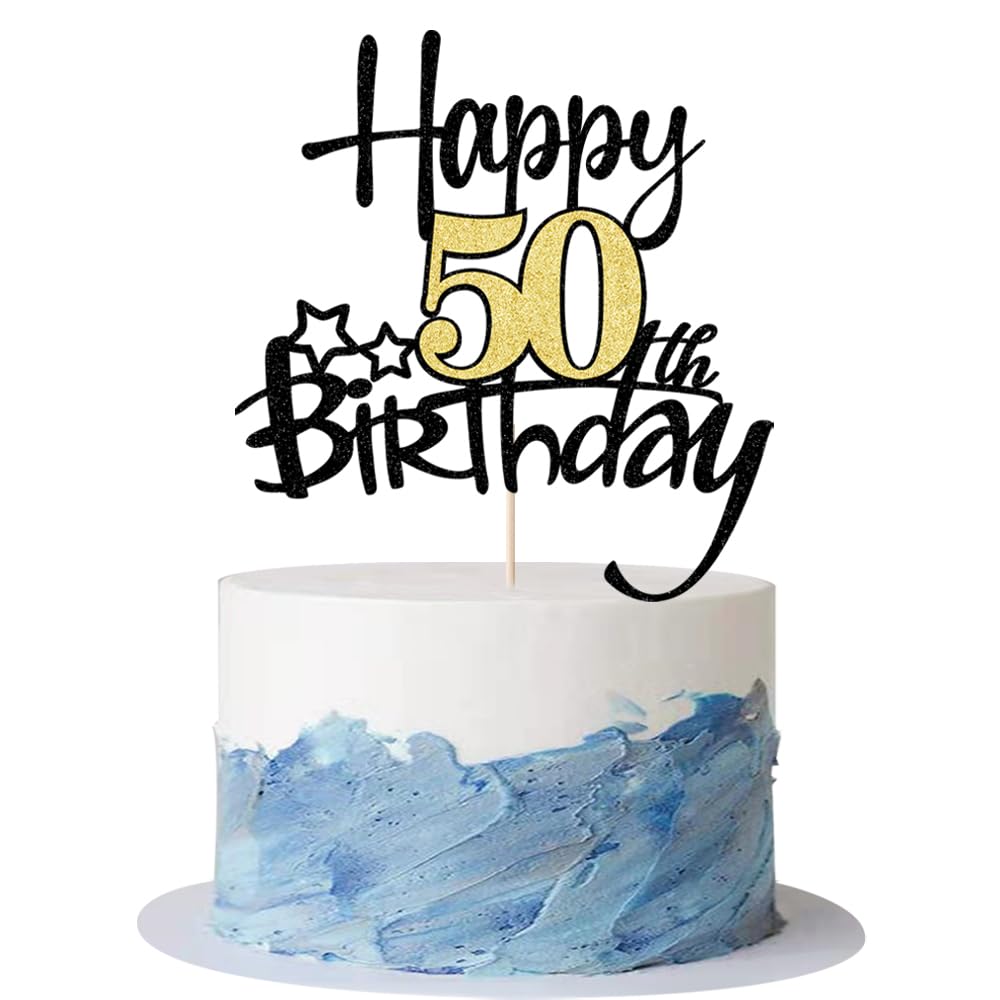 Kaoenla Black Gold Glitter Happy 50th Birthday Cake Topper - Hello 50/Cheers50,Happy fifty Birthday Anniversary,50 years old bir
