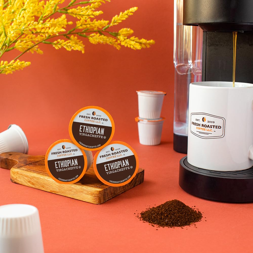 Fresh Roasted Coffee, Ethiopian Yirgacheffe Kochere, Medium Roast, Kosher, K-Cup Compatible, 96 Pods