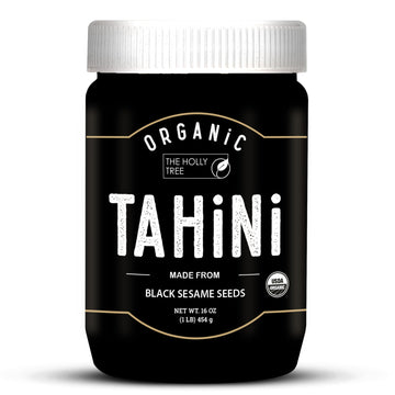 Organic Black Tahini Paste 16 oz (1lb) - Black Sesame Paste - USDA Certified  Kosher  Gluten Free Tahini Sauce - Creamy Tahini Organic with Hulled Sesame Seeds for Dressigns  Dips  Spreads & Hummus - The Holly Tree