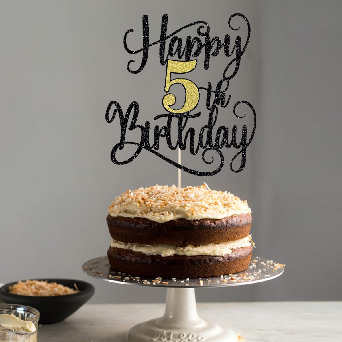 Ruscalin Happy 5Th Birthday Cake Topper,5Th Birthday Party Cake Decorations (Black And Gold Flashes, 5Th)