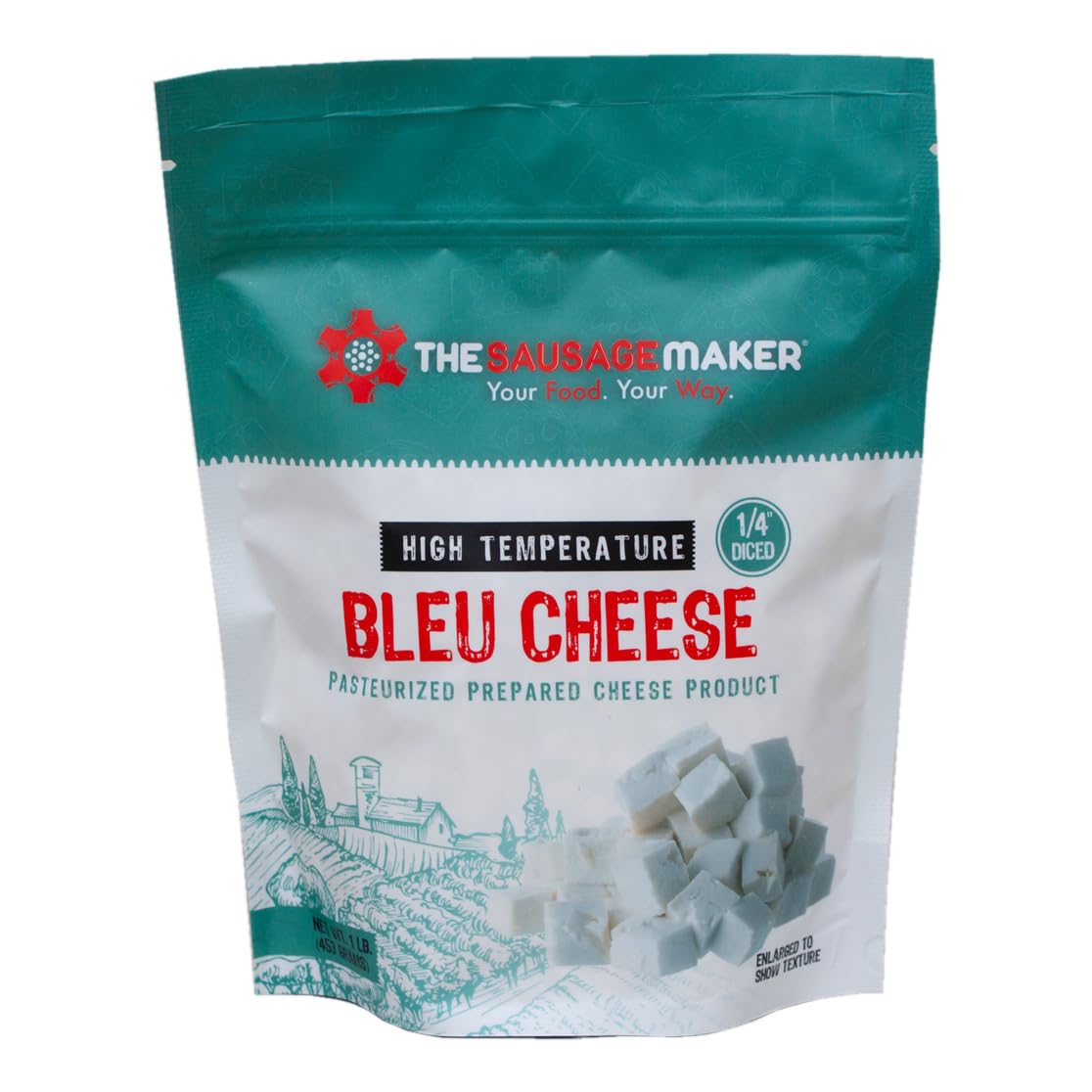 The Sausage Maker High Temp Bleu Cheese, 1 Lb Diced Cube, 400°F, Ideal for Sausage Making and Grilling