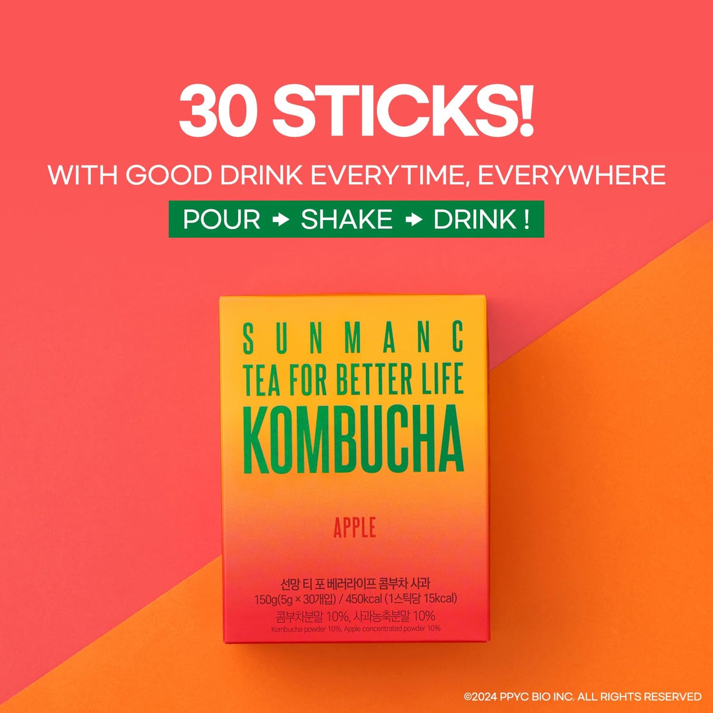 SUNMANC Kombucha Powdered Drink Mix, Sparkling Probiotic, 5.29 oz, Low Calories, Sugar 0g, Low Caffeine, Apple Flavor