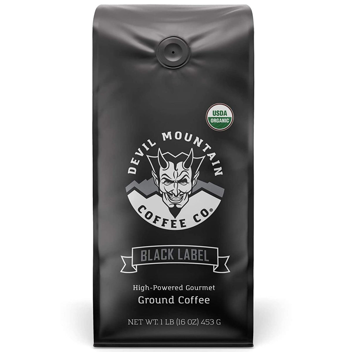 Devil Mountain Coffee Black Label Dark Roast Ground Coffee, USDA Organic, 16 oz Bag