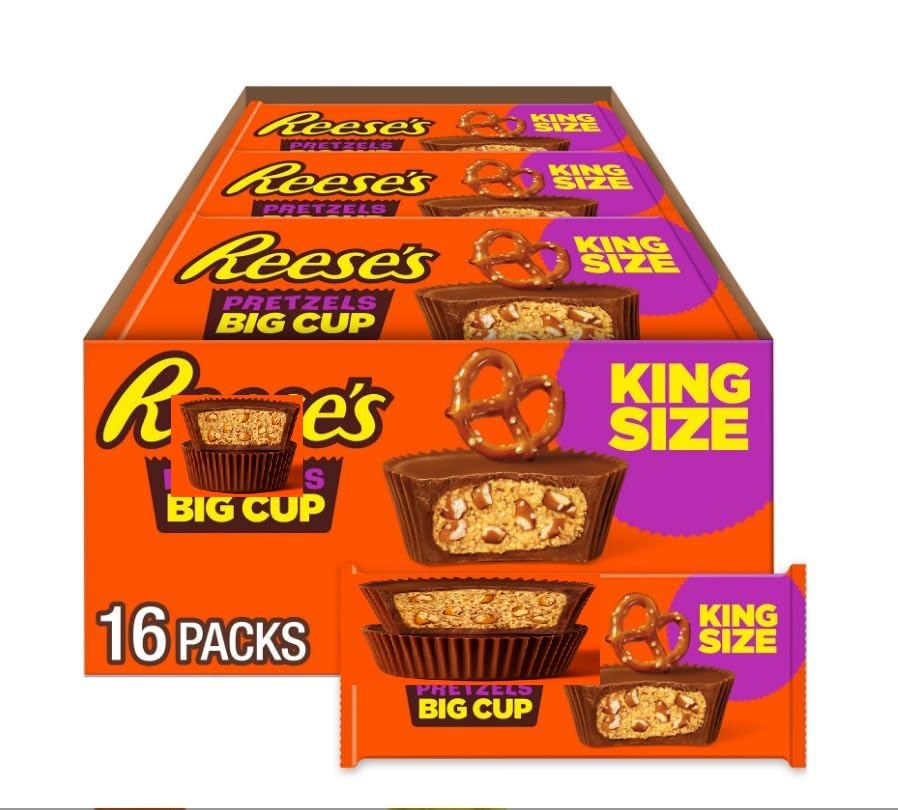 ValentineS Day Big Cup With Pretzels Milk Chocolate King Size Peanut Butter Cups  16 Count 2.6 Oz (32 Cups Total) Candy Packs Individually Wrapped Milk Chocolate Candy 16 Trays Of 2 Bigcups