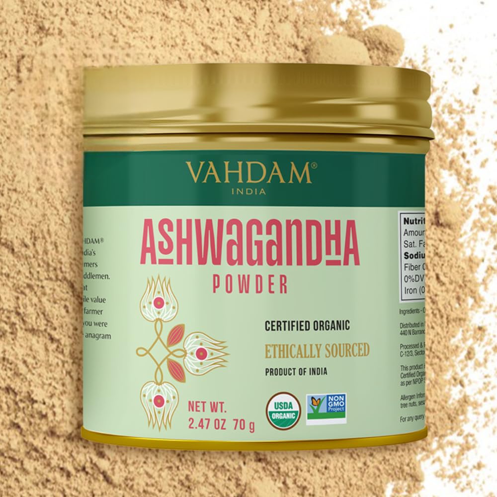 Vahdam  Organic Ashwagandha Powder (2.47Oz/70G) Gluten Free  Non Gmo  100% Raw Ashwagandha Root Powder (Indian Flavor Blendseng) Perfect For Cooking  Smoothies  Lattes & Tea | Sealed Fresh At Source