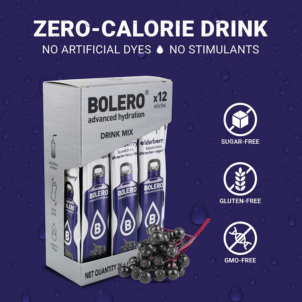 BOLERO Sugar Free Drink Mix Packets, Elderberry Flavor, 36 Single Sticks, 1.3 Ounce (Pack of 3)
