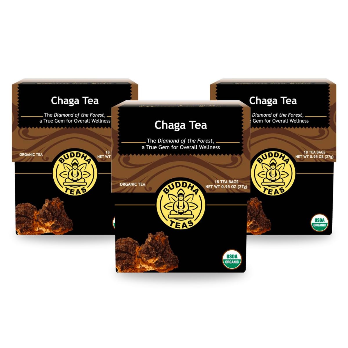 Buddha Teas - Chaga Tea - Organic Herbal Tea - For Cognitive Balance & Overall Health - With Chaga Mushroom  Antioxidants & B Vitamins - Energy Blend Free - 100% Kosher & Non-Gmo - 18 Tea Bags (Pack Of 3)