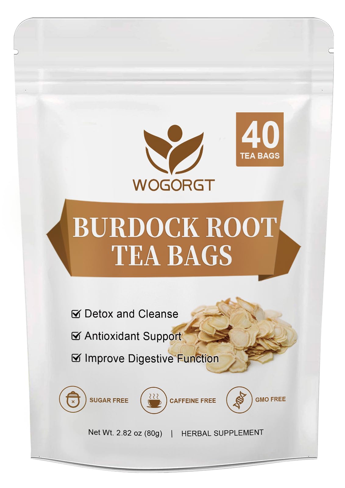 WOGORGT Burdock Root Tea Bags - Herbal Tea for Digestion & Immune Support, Caffeine Free, 40 Count