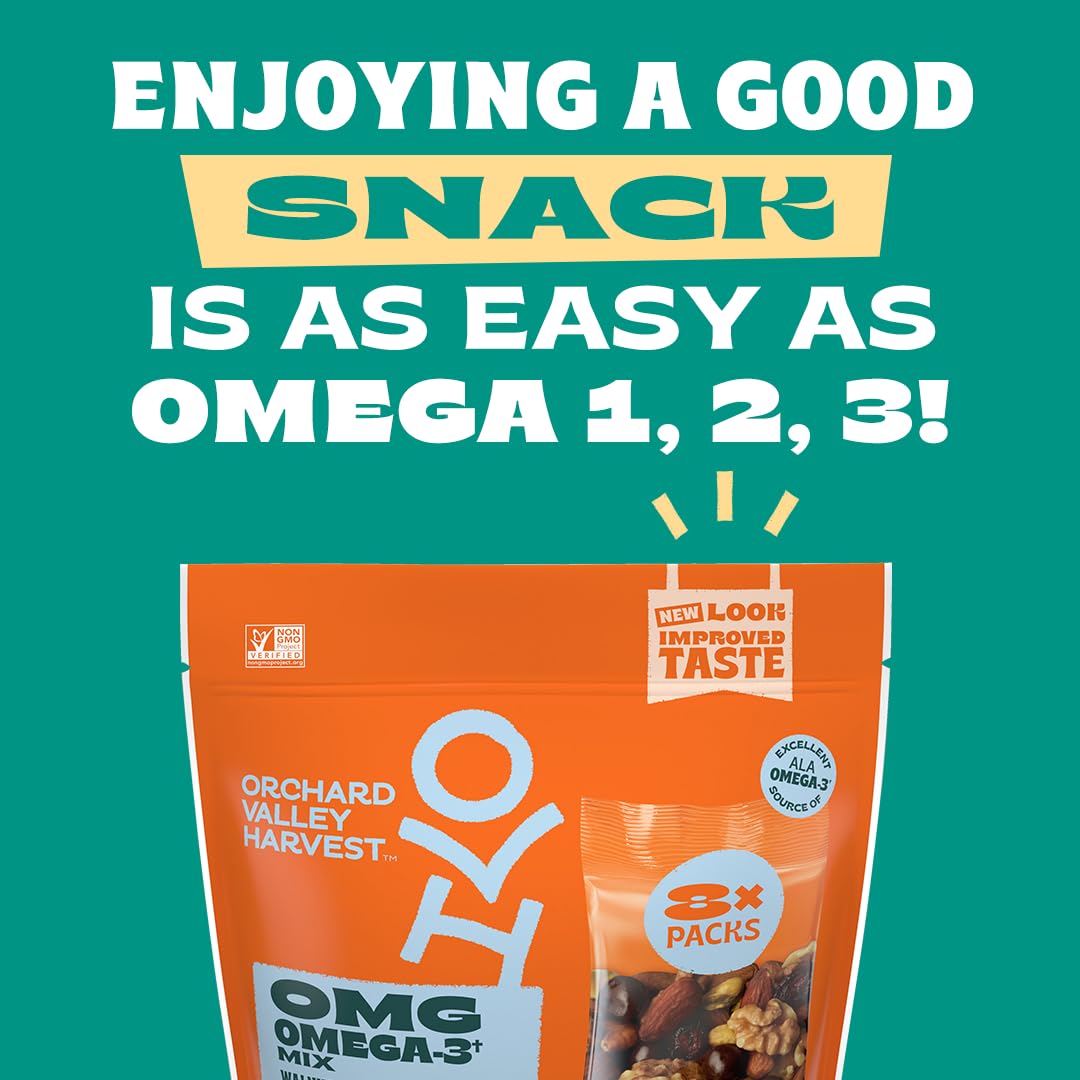 Orchard Valley Harvest Omg Omega-3 Mix, Walnuts, 8 Oz Resealable Bag, Dark Chocolate Blueberries, Sweetened Cranberries, Almonds, Pistachios, Gluten Free, Non-Gmo, On-The-Go Snack