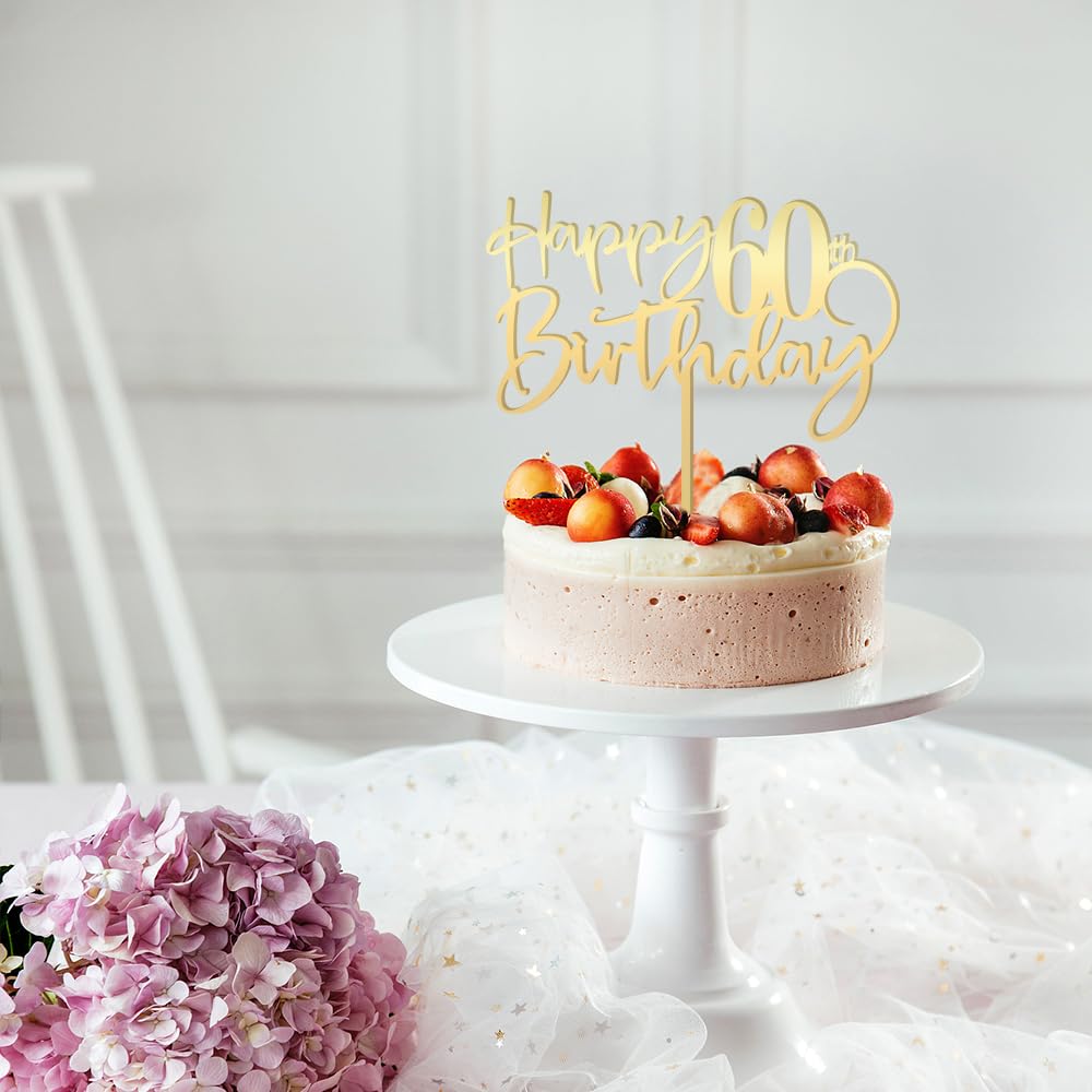 Bekaterea Happy 60Th Birthday Cake Topper, Mirrored Gold Acrylic, 1 Each, 6.6 Inches Square, Perfect For 60Th Birthday Party Dec