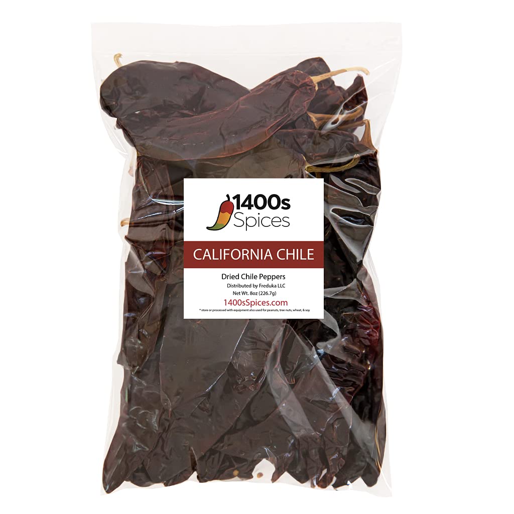 8Oz California Dried Whole Chilies Peppers, Anaheim Chile Seco Pods For Authentic Mexican Food, Heat-Sealed Resealable Bag By 14